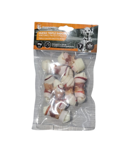 Snack de Hueso Carnaza Para Perro Triple Sabor Vacuno, Pato y Pollo, 7unid